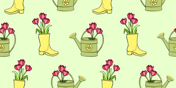 Vector illustration of Vector seamless pattern with tulip flowers in rubber rain boots, watering cans. Hand drawn doodle cute bright texture, backdrop for wrapping paper, textile. Topic of spring, gardening, blooming nature