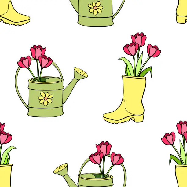 Vector illustration of Vector seamless pattern with tulip flowers in rubber rain boots, watering cans. Hand drawn doodle cute bright texture, backdrop for wrapping paper, textile. Topic of spring, gardening, blooming nature