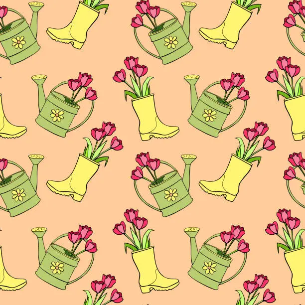 Vector illustration of Vector seamless pattern with tulip flowers in rubber rain boots, watering cans. Hand drawn doodle cute bright texture, backdrop for wrapping paper, textile. Topic of spring, gardening, blooming nature