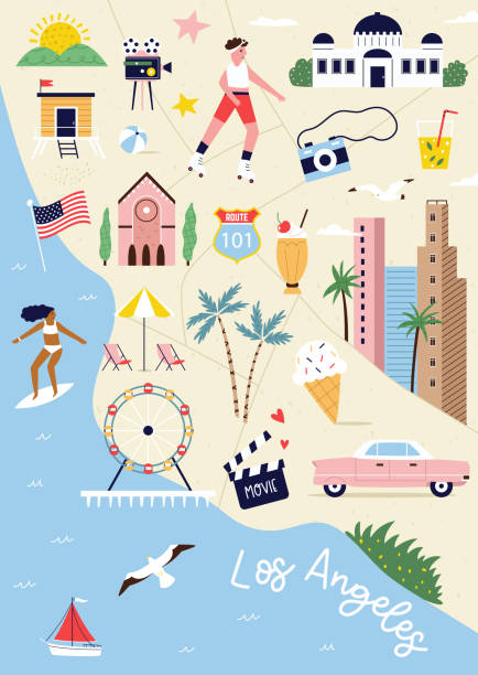 Los Angeles, California city map with famous symbols, landmarks, places Los Angeles, California city map with famous symbols, landmarks, places. Hand drawn vector design, poster famous american landmark drawing stock illustrations