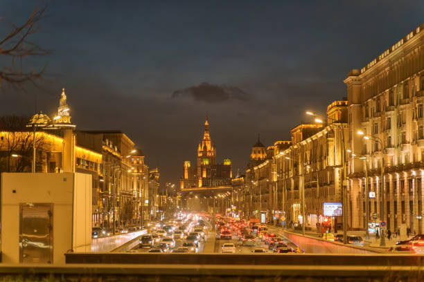Russia, Moscow- November 11, 2023: view on the Garden Ring and the traffic flow in the evening.