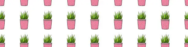 Vector illustration of Vector seamless pattern of flower pots with decorative grass, plant. Cute texture in cartoon doodle flat style, isolated. Home decoration theme