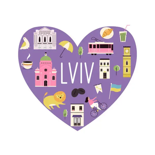 Vector illustration of Colorful design with symbols, landmarks, famous places of Lviv, Ukraine.