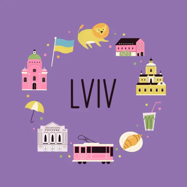 Vector illustration of Colorful circle design with symbols, landmarks, famous places of Lviv, Ukraine.