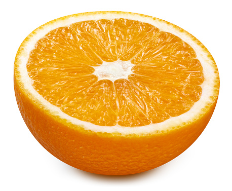 Orange half isolated on white background. Orange citrus fruit clipping path. Orange macro studio photo