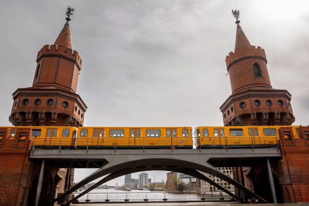 Yellow Berlin metro train on the historic Oberbaum Bridge.