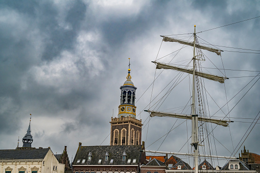 Old sailing ship at the river IJssel during the 2024 Sail Kampen event in the Hanseatic league city of Kampen in Overijssel, The Netherlands.