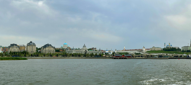 Panoramic view of the center of Kazan and Kazanka river on a cloudy summer day, Russia