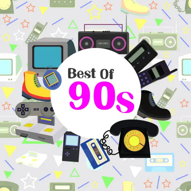 Vector illustration of best of 90s with seamless background
