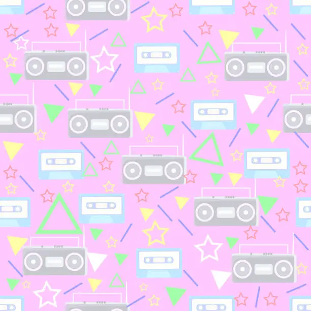 Vector illustration of tape recorder and cassette tape seamless pattern