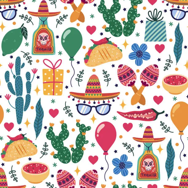Vector illustration of Mexico seamless vector pattern. Traditional folk symbols - sombrero, cactus, tequila, taco, jalapeno pepper, salsa, maracas. Celebration of Cinco de Mayo, carnival, fiesta. Cartoon doodle background