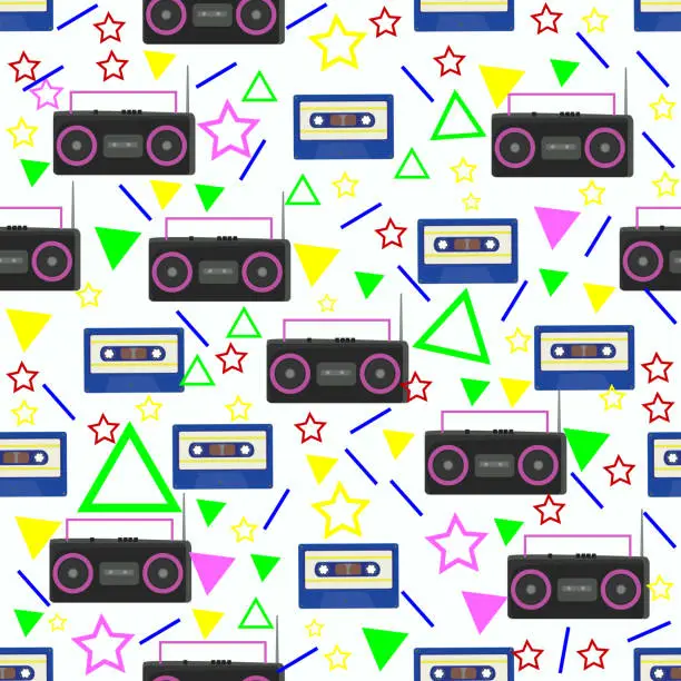 Vector illustration of tape recorder and cassette tape seamless pattern