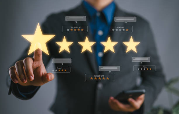 istock Customer Satisfaction Survey concept, 5-star satisfaction, service experience rating online application, customer evaluation product service quality, satisfaction feedback review, good quality most. 2147715856