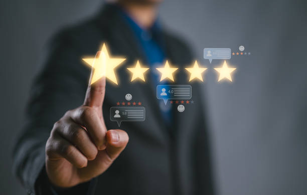 istock Customer Experience Concept, Best Excellent Services Rating for Satisfaction present by Hand of Client Showing excellent rating Five Star. Review, feedback, good, the best of product and service 2147715862