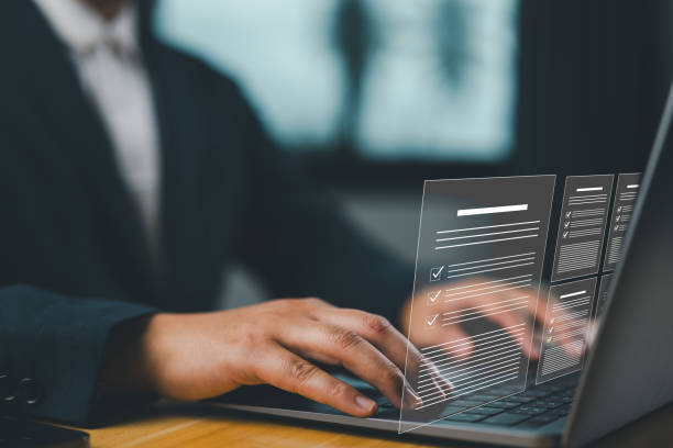 istock Businessman showing online document validation icon, Concepts of practices and policies, company articles of association Terms and Conditions, regulations and legal advice, corporate policy 2147715869