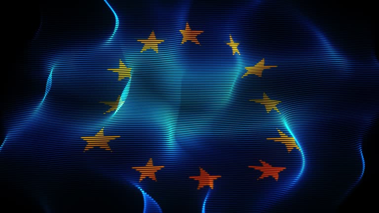 European Union flag waving in the wind on black background. Concept of patriotism, symbol of statehood and national identity. Flapping flag of EU made of wavy digital pixelated lines