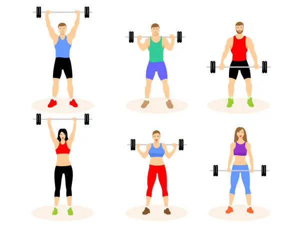 Vector illustration of Men and women with barbell