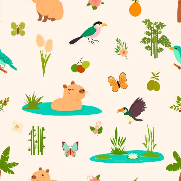 Vector illustration of Cute seamless background with a variety of capybaras, butterflies, birds, mangoes, avocados. Great for fabrics, wrapping paper, covers and children's designs.