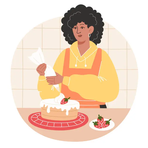 Vector illustration of African woman makes a strawberry cake at home