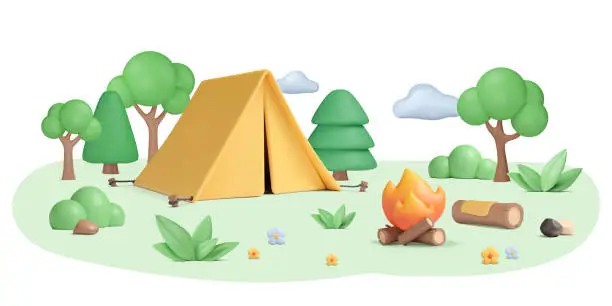 Vector illustration of 3d summer illustration with tent in forest, bonfire, log with blanket.