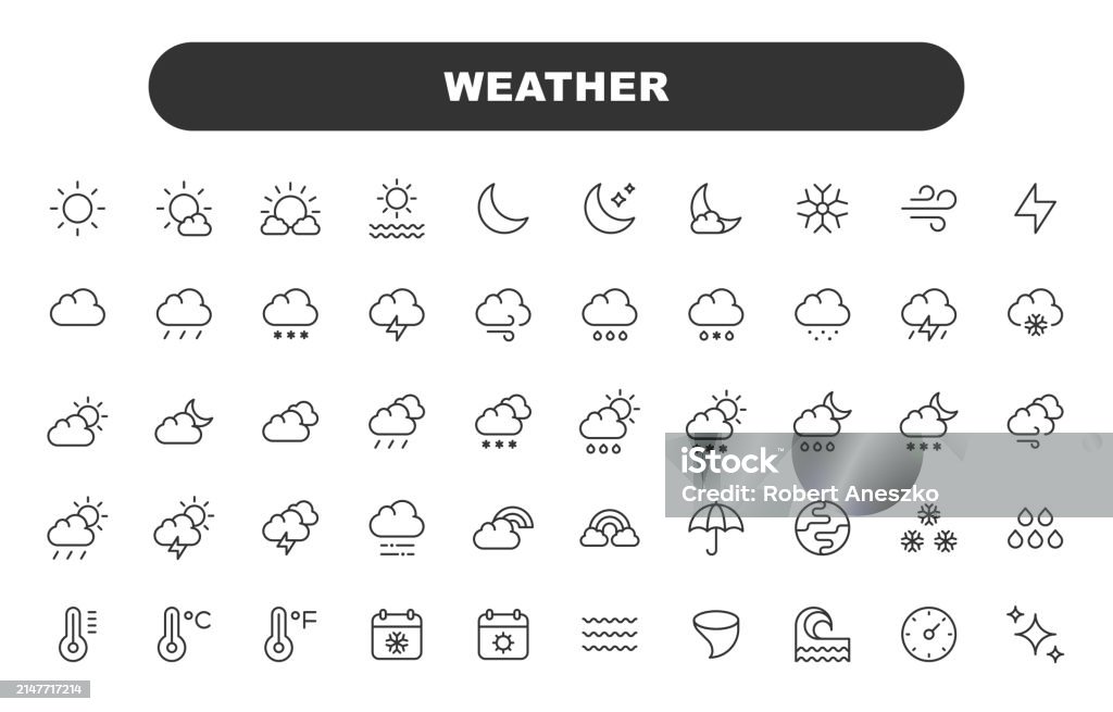 Weather Line Icons. Editable Stroke. Contains such icons as Climate, Clouds, Ecology, Environment, Snow, Spring, Summer, Sun, Thunder, Wind, Winter, Rain. Weather stock vector Weather Line Icons. Editable Stroke. Contains such icons as Climate, Clouds, Ecology, Environment, Snow, Spring, Summer, Sun, Thunder, Wind, Winter, Rain. Weather stock vector