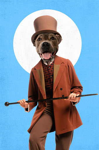 Contemporary art collage. Man with dog's head dressed old-fashion outfit and posing against blue background. Concept of comparisons of eras, animals with character of their owners.