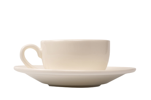 Ceramic white coffee cup and saucer isolated on a white background.