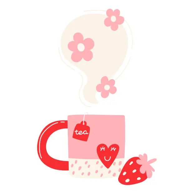 Vector illustration of A bright cup set with strawberry-flower hot tea