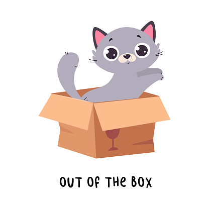Little Grey Cat Jump Out of the Box as English Language Preposition for Educational Activity Vector Illustration. Funny Kitten Pet Demonstrating Vocabulary