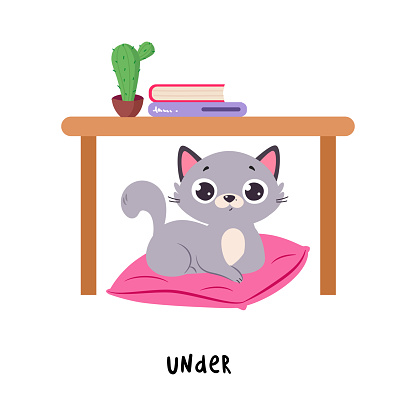 Little Grey Cat Sitting Under Table on Pillow as English Language Preposition for Educational Activity Vector Illustration. Funny Kitten Pet Demonstrating Vocabulary