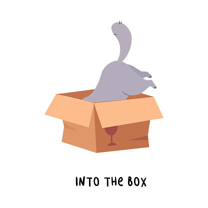 Little Grey Cat Jump Into the Box as English Language Preposition for Educational Activity Vector Illustration. Funny Kitten Pet Demonstrating Vocabulary