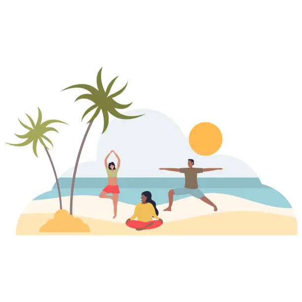 Vector illustration of Wellness retreats with sport activities and yoga at beach.flat vector illustration.