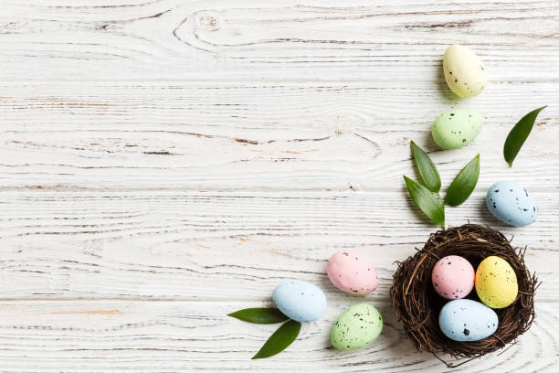 istock Colorful easter eggs in nest on table background with copy space top view 2147718418