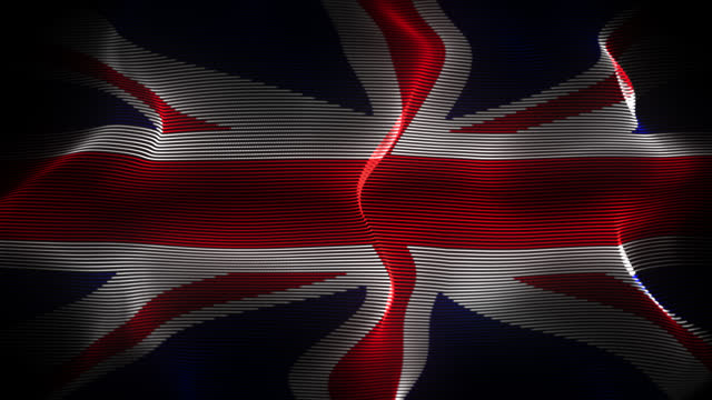 United Kingdom (UK) flag waving in the wind on black background. Concept of patriotism, symbol of statehood and national identity. Flapping British flag made of wavy digital line