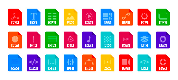 File Type icon set. Popular files format and document. Format and extension of documents. Set of graphic templates audio, video, image, system, archive, code and document file. Vector illustration