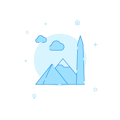 Egyptian pyramids and obelisk vector icon. Flat illustration. Filled line style. Blue monochrome design. Editable stroke. Adjust line weight.