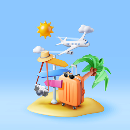 3d small island with suitcase, palm tree, pointer and airplane. Render travel bag photo camera and hat. Travel inspired design element. Holiday or vacation. Transportation concept. Vector Illustration