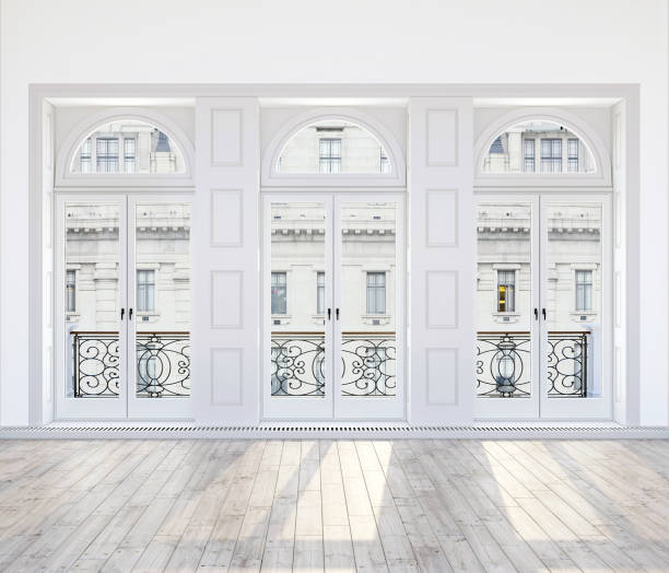 istock Parisian apartment interior 3d render with arched high windows, wooden floor and sunlight 2147720332