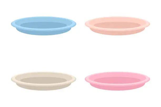 Vector illustration of Empty plates of different pastel colors collection. Perfect print for stickers, poster, menu. Isolated vector illustration for decor and design.