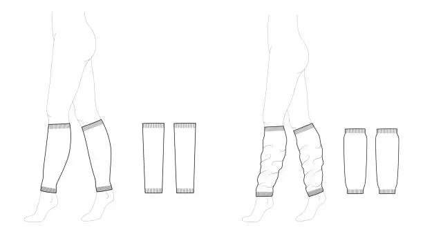 Vector illustration of Set of Leg Warmer and Loose long Socks footless hosiery knee high length. Fashion accessory clothing technical