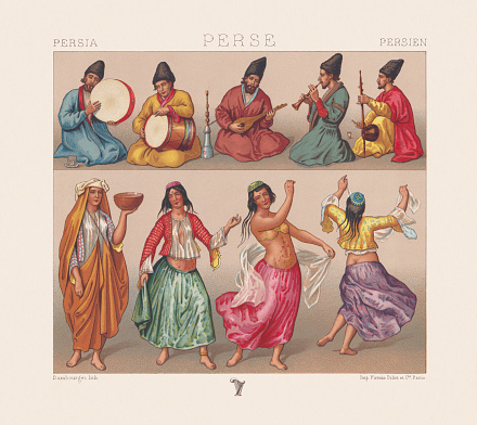 Traditional Persian clothing, top (feft to right): musician with tambourine (bandyn), drum (dohol); sitar (tar); clarinet (zurna) and gourd fiddle (kamancheh). Below: dancers. Chromolithograph from the book 