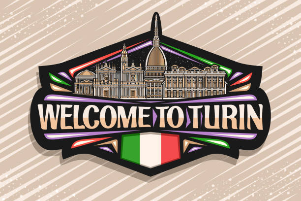 ilustrações, clipart, desenhos animados e ícones de vector logo for turin - italian flag skyline famous place flag