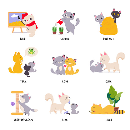 Funny Cat in Different Action as English Verb for Educational Activity Vector Illustration Set. Cute Kitten Pet and Vocabulary Learning