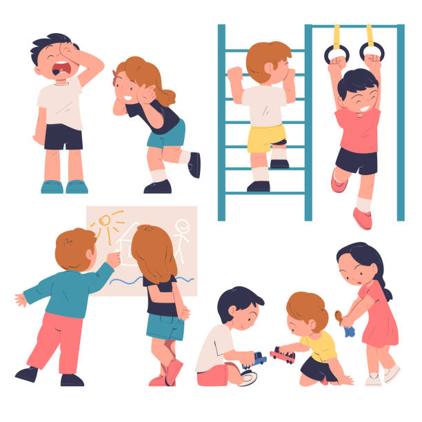 Little Children at Kindergarden Playing Toys and Having Fun Vector Illustration Set Little Children at Kindergarden Playing Toys and Having Fun Vector Illustration Set. Cute Kid Engaged in Preschool Development Enjoying Pastime Activity Concept girl climbing ladder stock illustrations