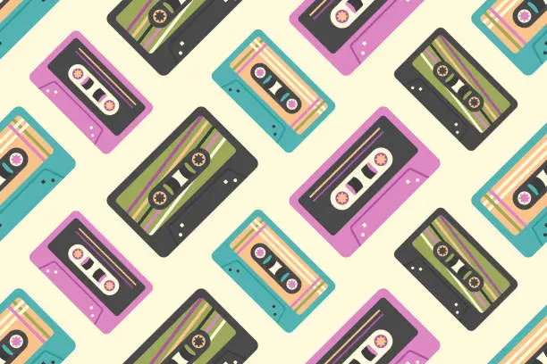 Vector illustration of Cassette seamless pattern. Retro audio cassettes in 90s, 80s, 70s style. Vintage colorful old cassettes to tape recorder. Music background. Vector illustration for packaging, wallpaper, textile