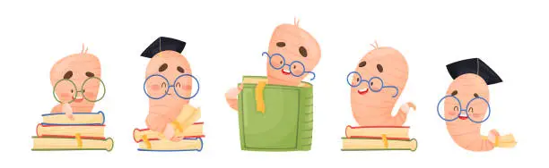 Vector illustration of Funny Worm Character Wearing Glasses with Books Vector Set