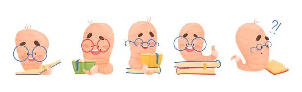 Vector illustration of Funny Worm Character Wearing Glasses with Books Vector Set