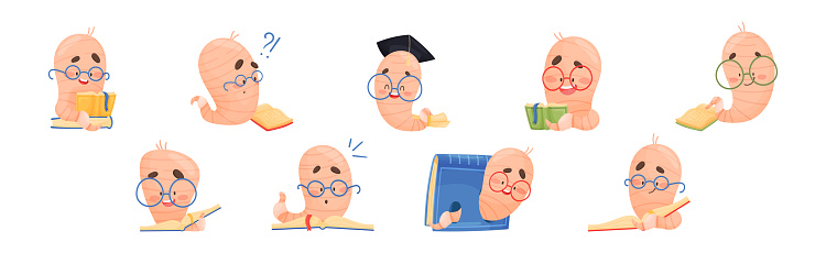 Funny Worm Character Wearing Glasses with Books Vector Set. Cute Crawling Insect and Pest