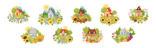Vector illustration of Village Houses Standing on Meadow with Winding Path with Crop Yield Vector Set