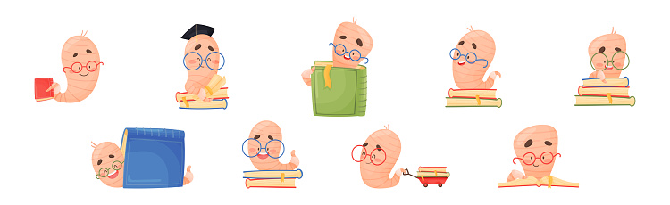 Funny Worm Character Wearing Glasses with Books Vector Set. Cute Crawling Insect and Pest